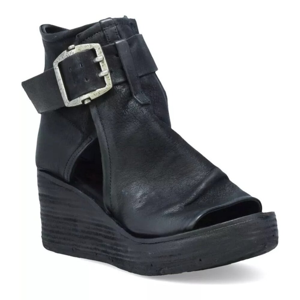 $400 A.S.98 Naya Wedge PLATFORM STACK Sandal BLACK LEATHER 37 (DB9)